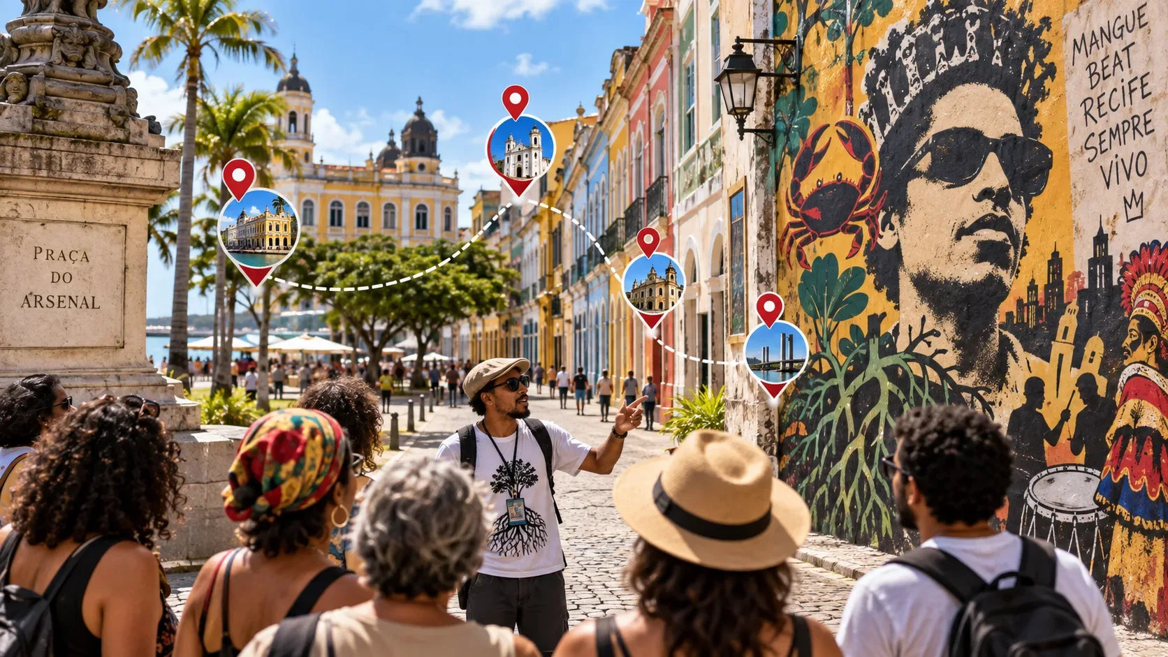 Grupo acompanha guia em rua histórica do Recife Antigo, com mural inspirado em Chico Science e marcadores de percurso entre pontos culturais.
