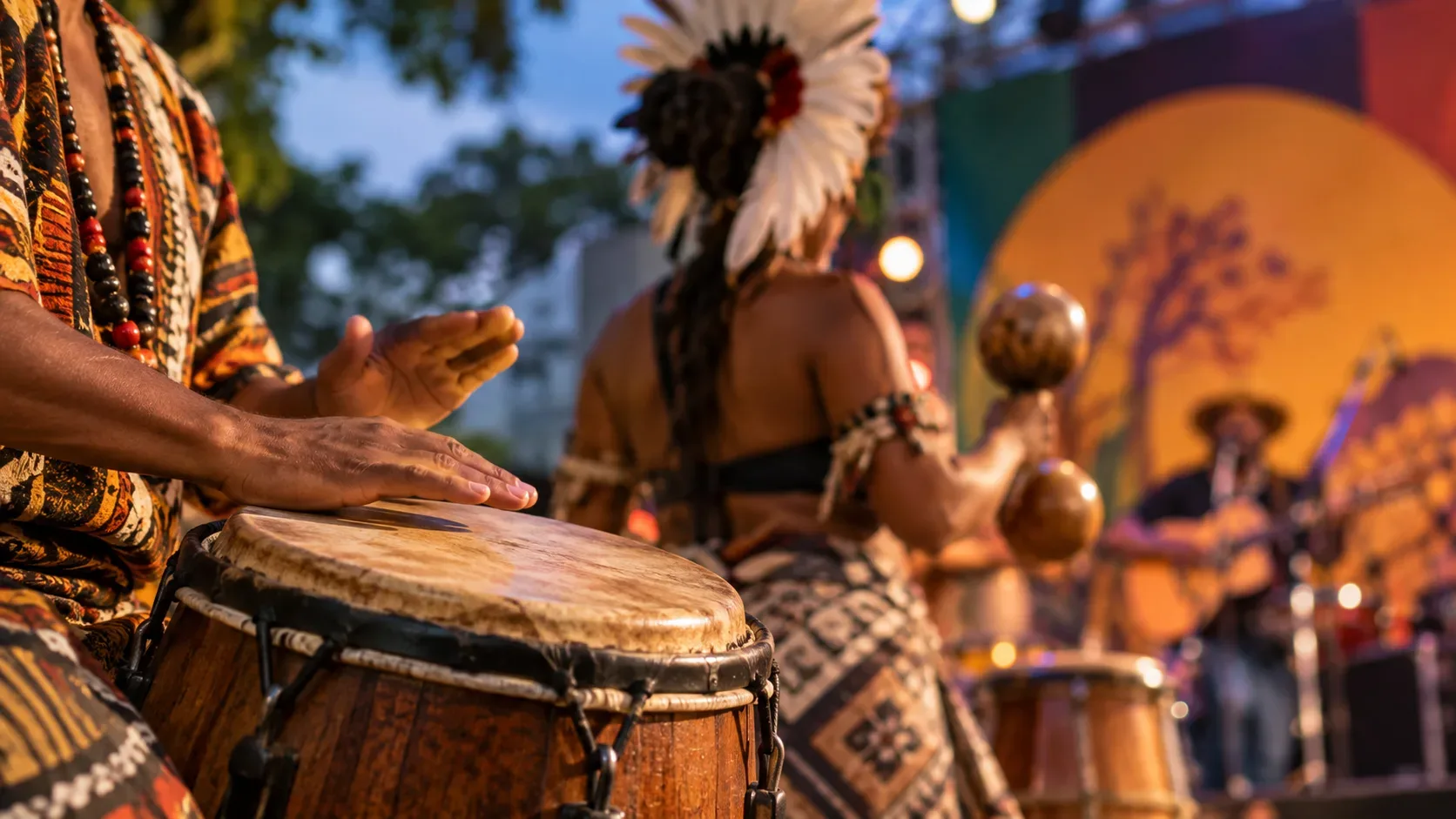 Mãos de percussionista tocando tambor em apresentação ao ar livre, com outra artista ao fundo segurando maracás e usando adorno de penas.