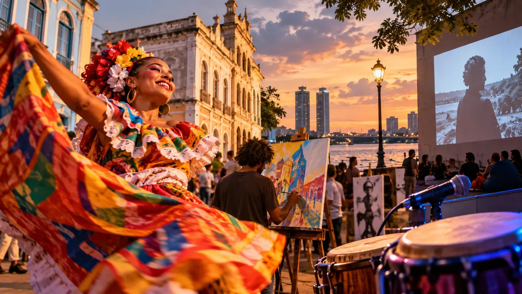 Dançarina em traje colorido em cena cultural ao ar livre, com pintura, projeção de videoarte, percussão e arquitetura urbana ao pôr do sol.