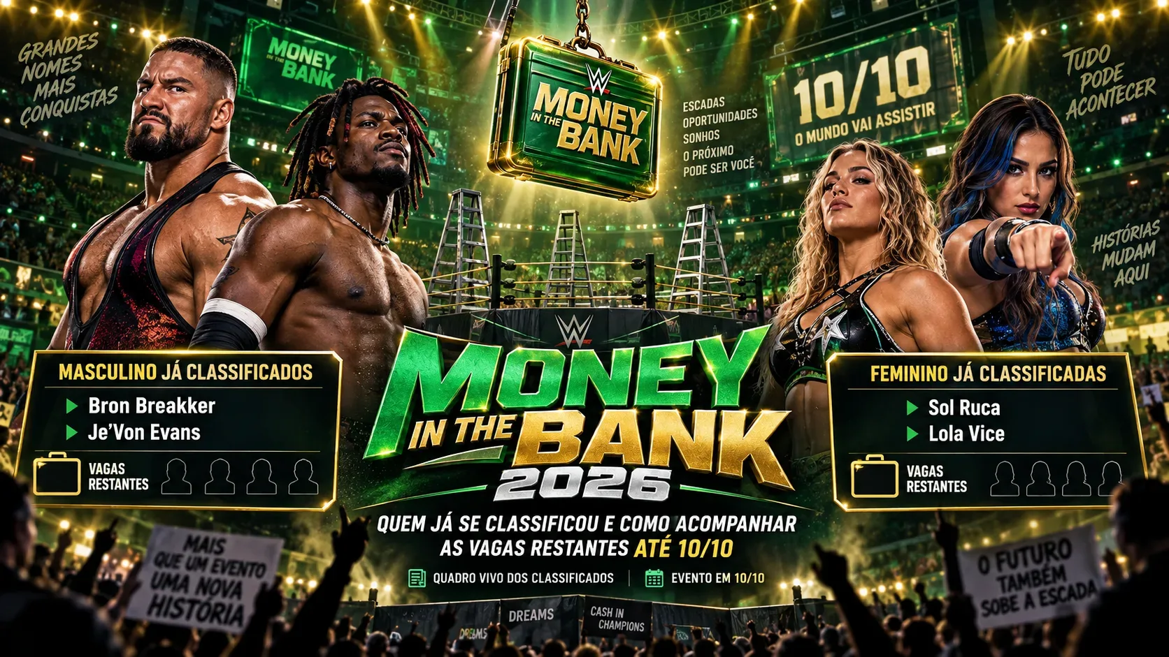 Arena de wrestling iluminada em verde e dourado, com ringue, escadas, maleta suspensa, quatro lutadores e painéis com os classificados do Money in the Bank 2026.