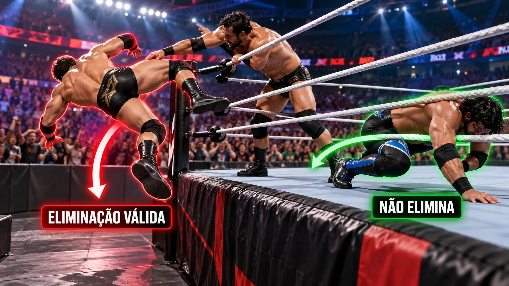 Três lutadores genéricos em um ringue lotado, com uma queda por cima da corda superior destacada em vermelho como eliminação válida e uma saída entre as cordas destacada em verde como não eliminação.