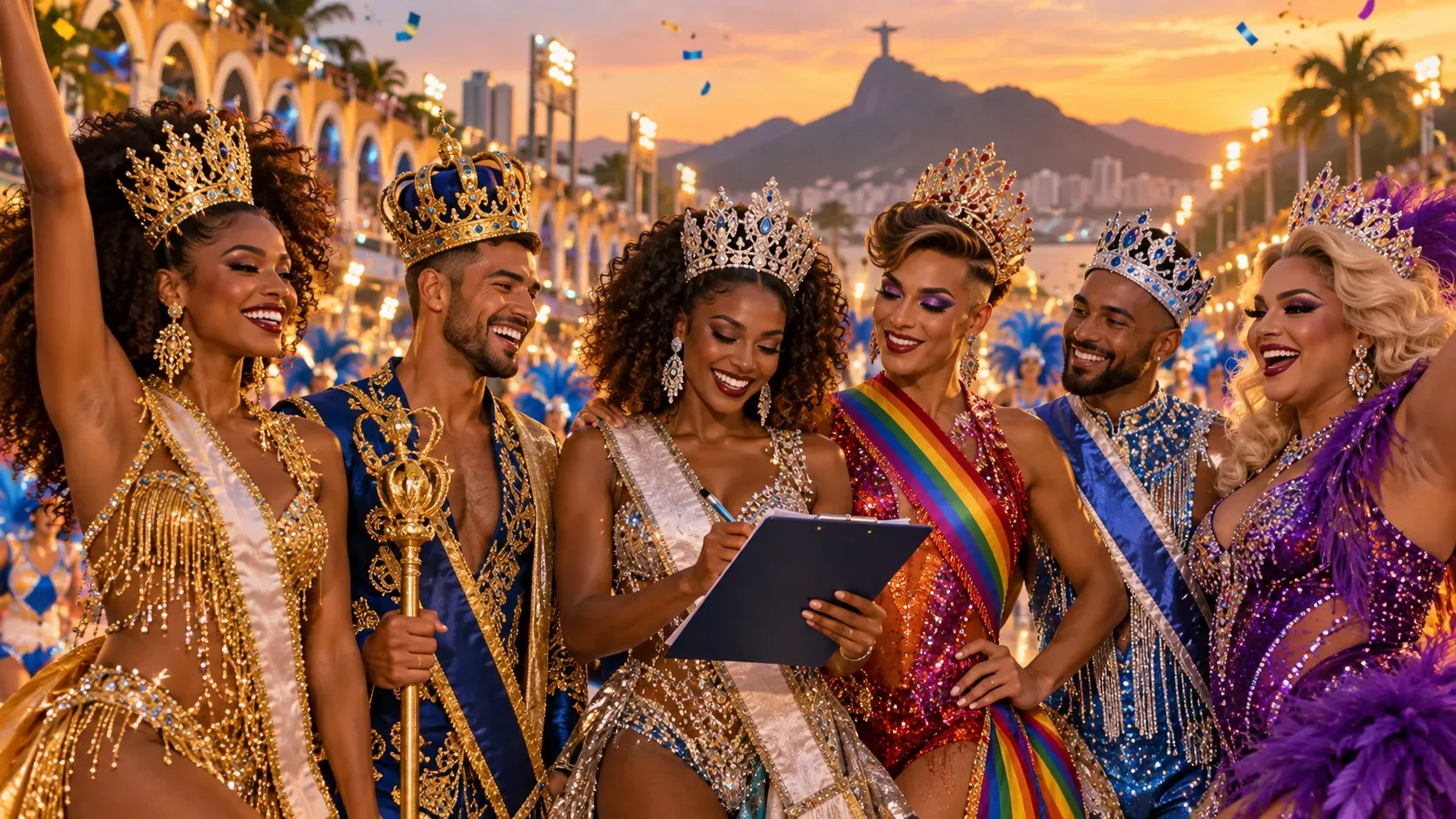Grupo diverso de representantes do Carnaval com coroas e fantasias brilhantes no Rio, enquanto uma candidata preenche uma ficha em uma prancheta.
