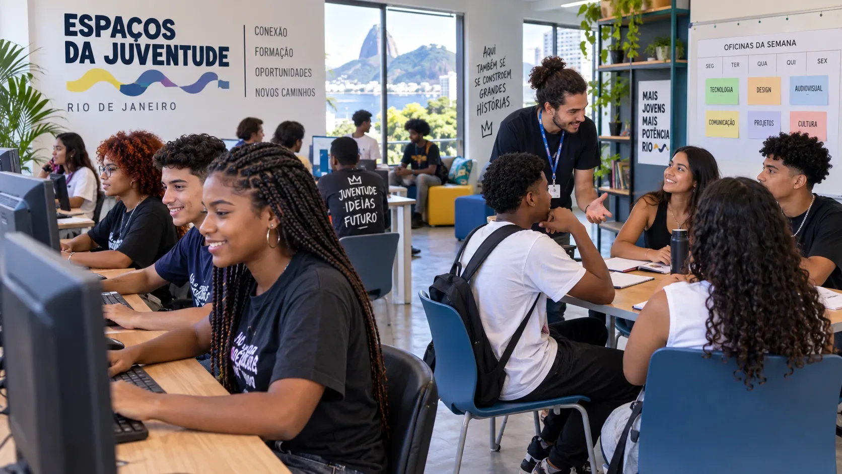Jovens em um espaço de formação no Rio de Janeiro usam computadores e conversam com um instrutor em uma sala de aula iluminada.
