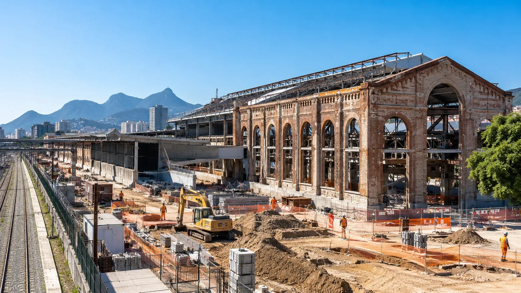 Canteiro de obras com grande galpão de tijolos em reforma, escavadeira, operários e trilhos ferroviários ao lado.