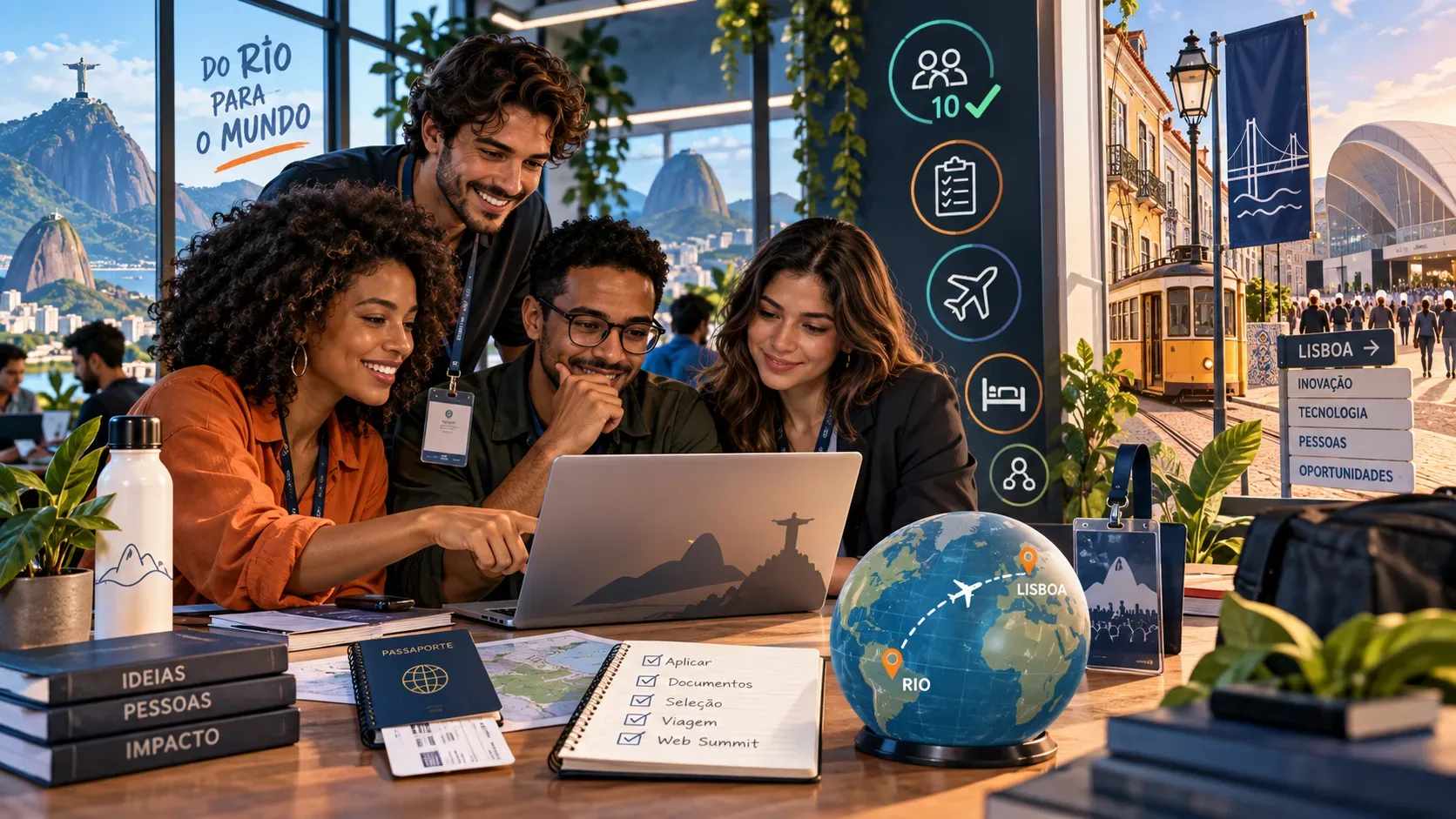 Empreendedores reunidos diante de um laptop em ambiente de inovação, com referências visuais ao Rio de Janeiro e Lisboa, rota aérea e itens de viagem.