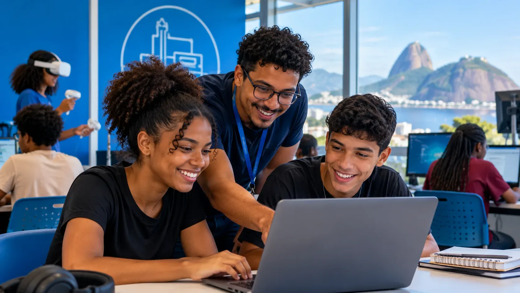 Jovens e instrutor em laboratório de tecnologia usando notebook, computadores e óculos de realidade virtual, com paisagem do Rio ao fundo.