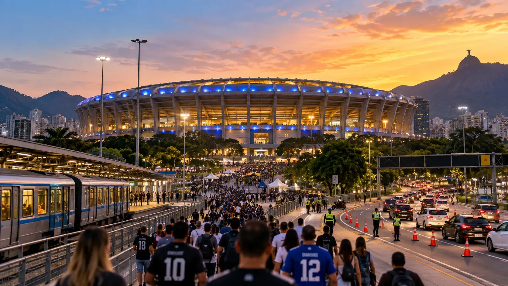 Torcedores caminham em direção a um grande estádio no Rio, com trem à esquerda e operação de trânsito com cones e agentes à direita ao entardecer.