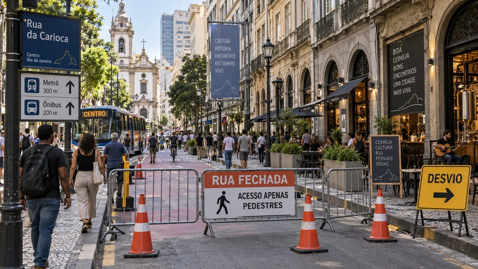 Rua da Carioca com barreiras e cones de interdição, pedestres circulando, ônibus ao fundo e fachadas históricas ocupadas por bares no Centro do Rio.