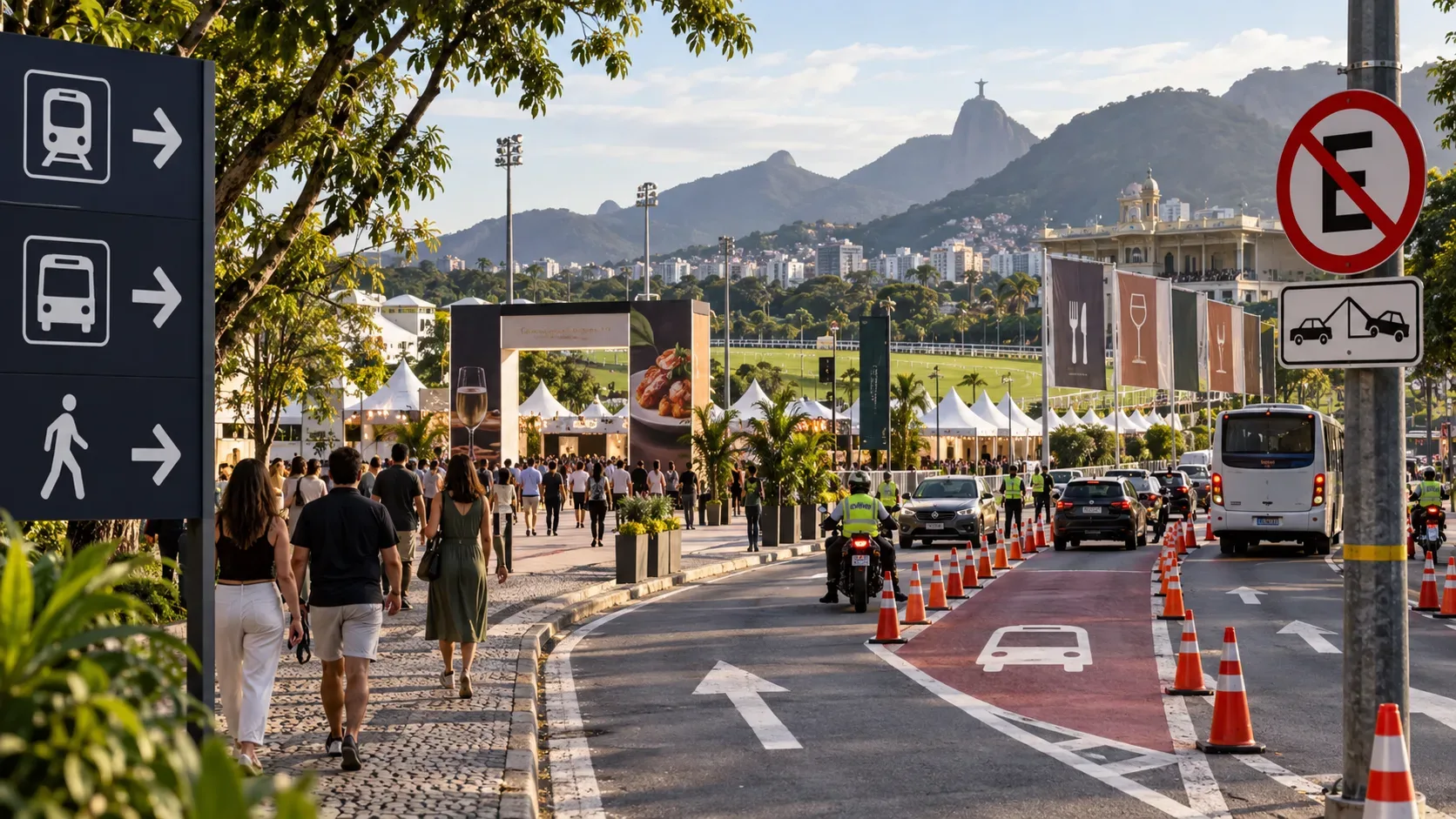 Fluxo de pedestres, ônibus, carros e cones de trânsito diante de uma área de festival próxima a um hipódromo, com morros do Rio ao fundo.