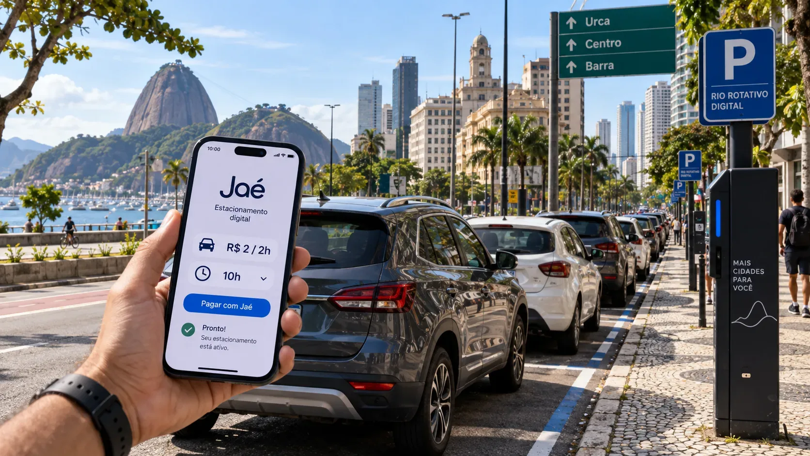 Mão segura celular com tela do Jaé ao lado de carros em vagas de estacionamento no Rio, com o Pão de Açúcar e placas para Urca, Centro e Barra ao fundo.