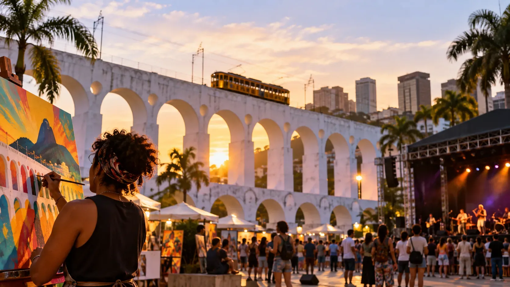 Artista pinta ao ar livre diante dos Arcos da Lapa durante festival cultural com público, palco iluminado e bonde ao entardecer.