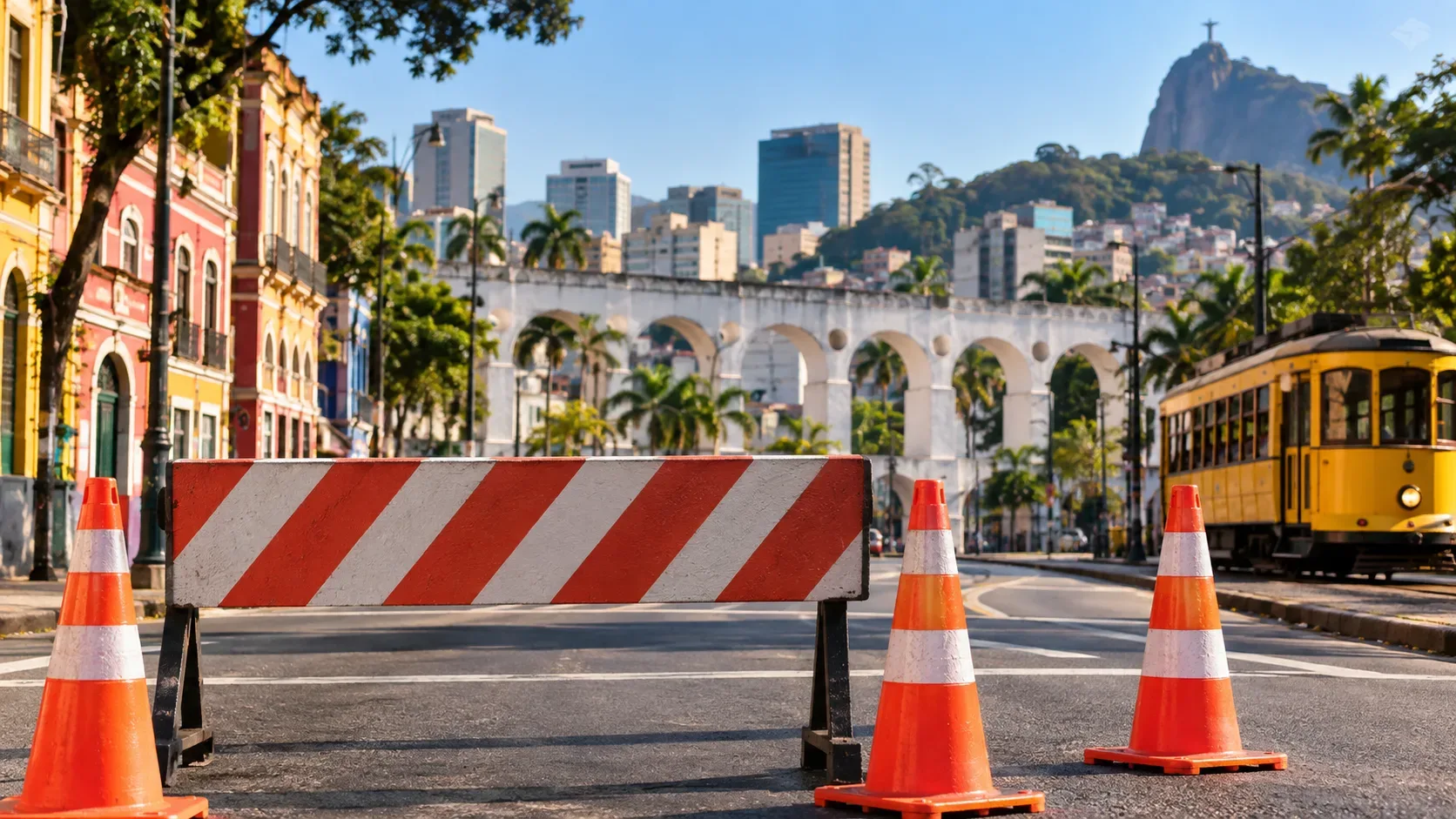 Barreira de trânsito com cones em rua do Centro do Rio, com os Arcos da Lapa e um bonde amarelo ao fundo.