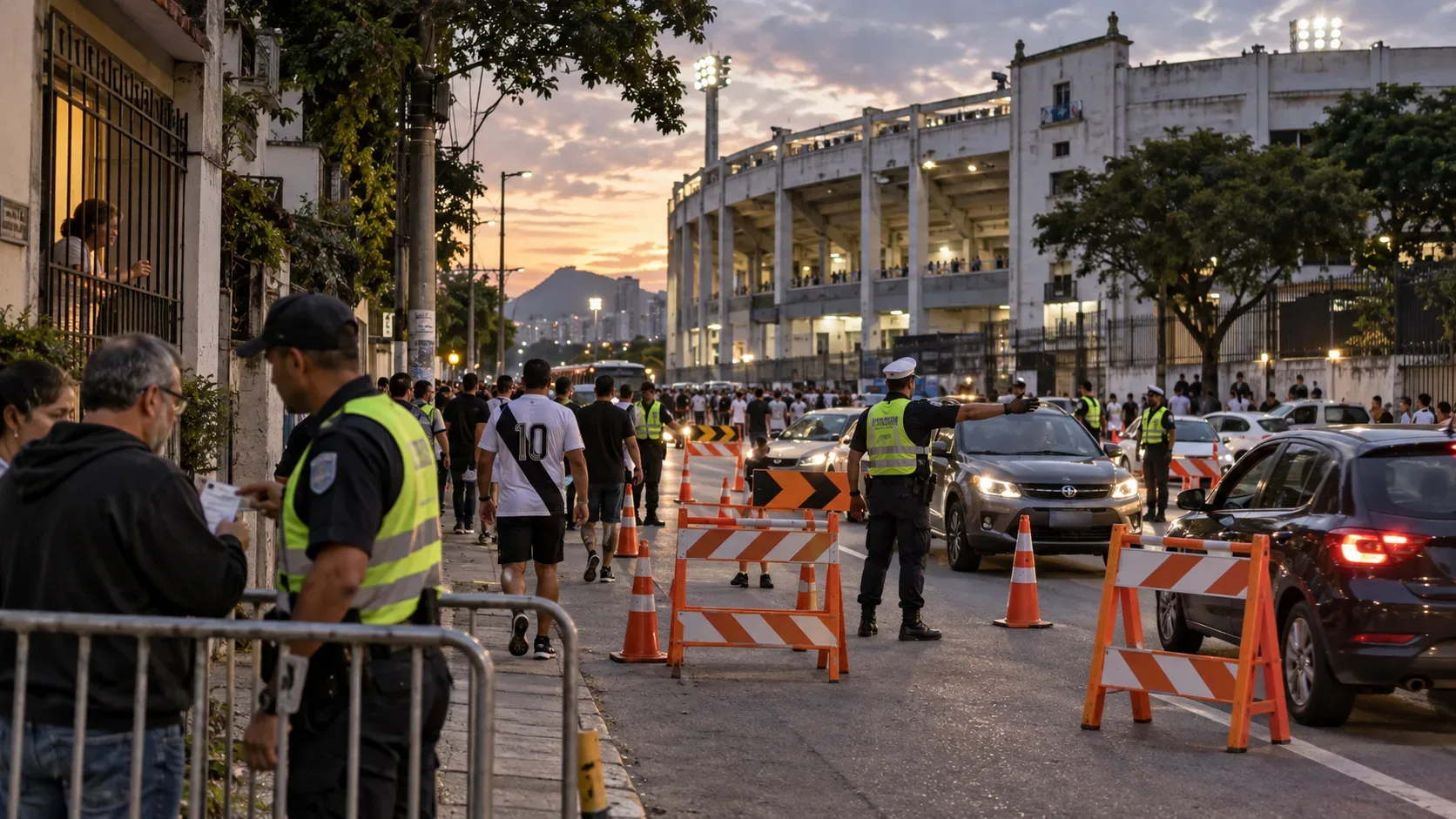 Agentes de trânsito orientam carros e pedestres entre cones e bloqueios no entorno de São Januário, com o estádio ao fundo.