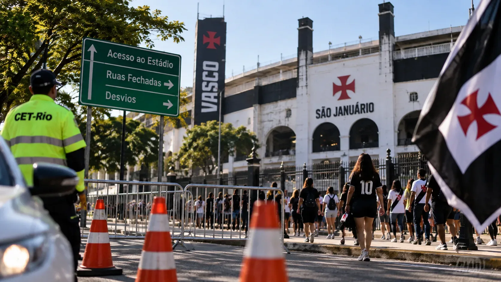 Agente da CET-Rio junto a cones e barreiras diante de São Januário, com torcedoras e torcedores do Vasco caminhando para o estádio.