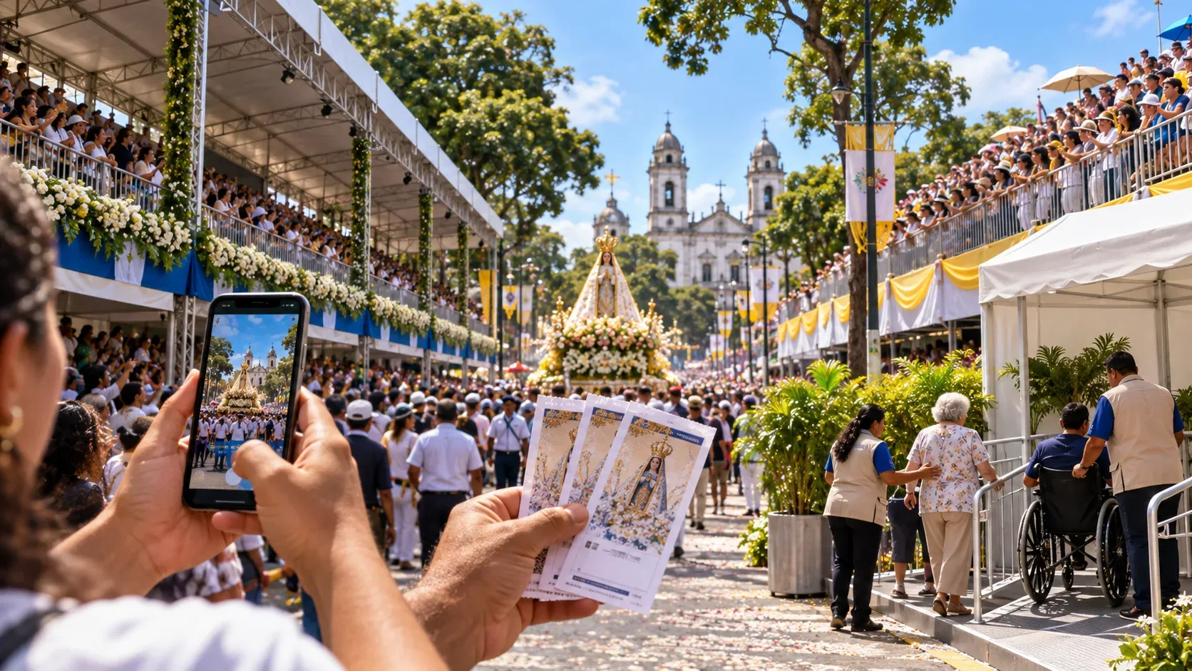 Procissão do Círio entre arquibancadas coberta e descoberta, com pessoa segurando celular e ingressos em primeiro plano e área de assistência a idoso e cadeirante.