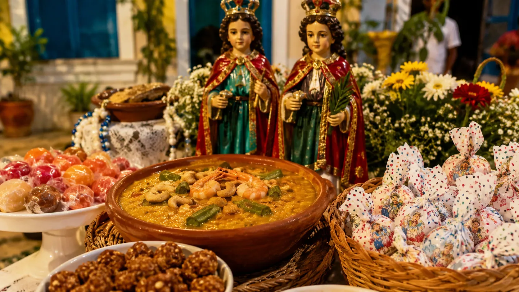 Mesa festiva com tigela de caruru, doces embalados, flores e duas imagens de santos gêmeos ao fundo.