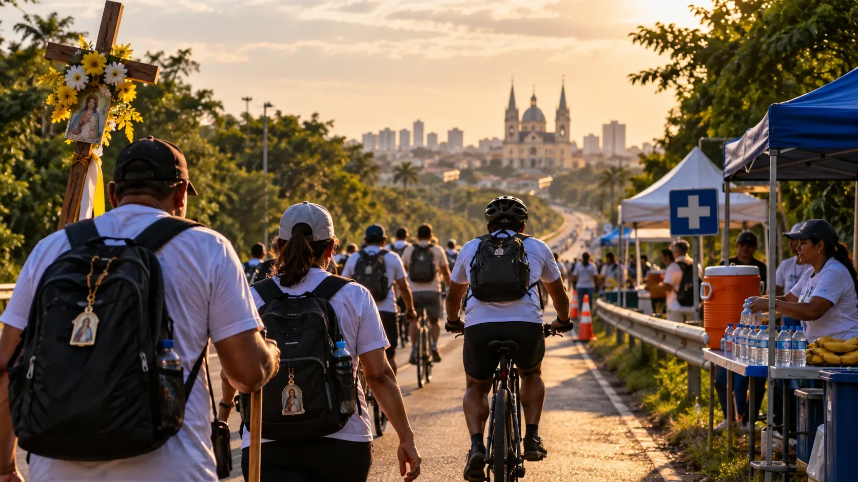 Peregrinos caminham e pedalam por uma estrada em direção a Belém, com cruz florida, tendas de apoio, água e atendimento à margem do percurso.