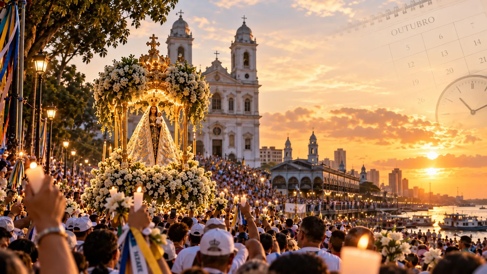 Procissão do Círio ao entardecer, com berlinda de Nossa Senhora, fiéis com velas diante de uma igreja e sobreposição discreta de calendário de outubro e relógio.