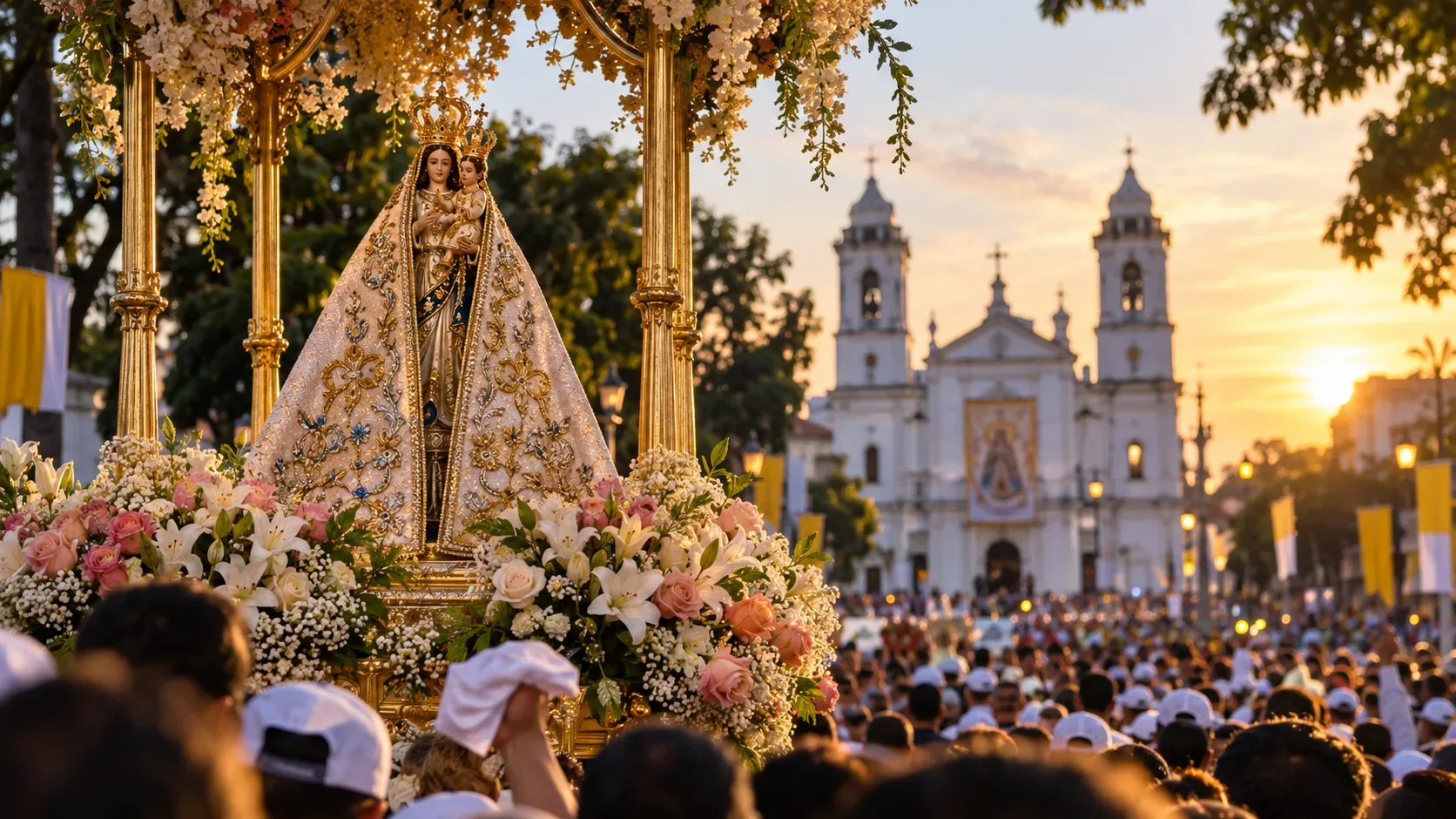 Berlinda dourada com imagem mariana coroada e flores diante de uma multidão, com igreja de torres gêmeas ao fundo ao pôr do sol.