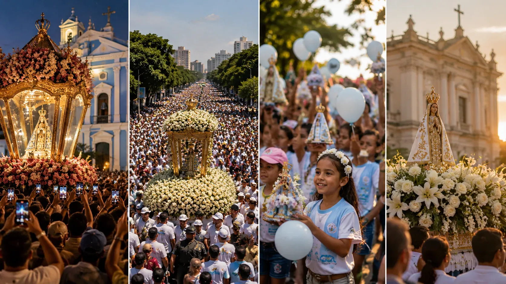 Montagem em quatro cenas mostra procissões marianas com berlinda florida, multidão de fiéis, crianças com pequenas imagens e igrejas ao fundo.