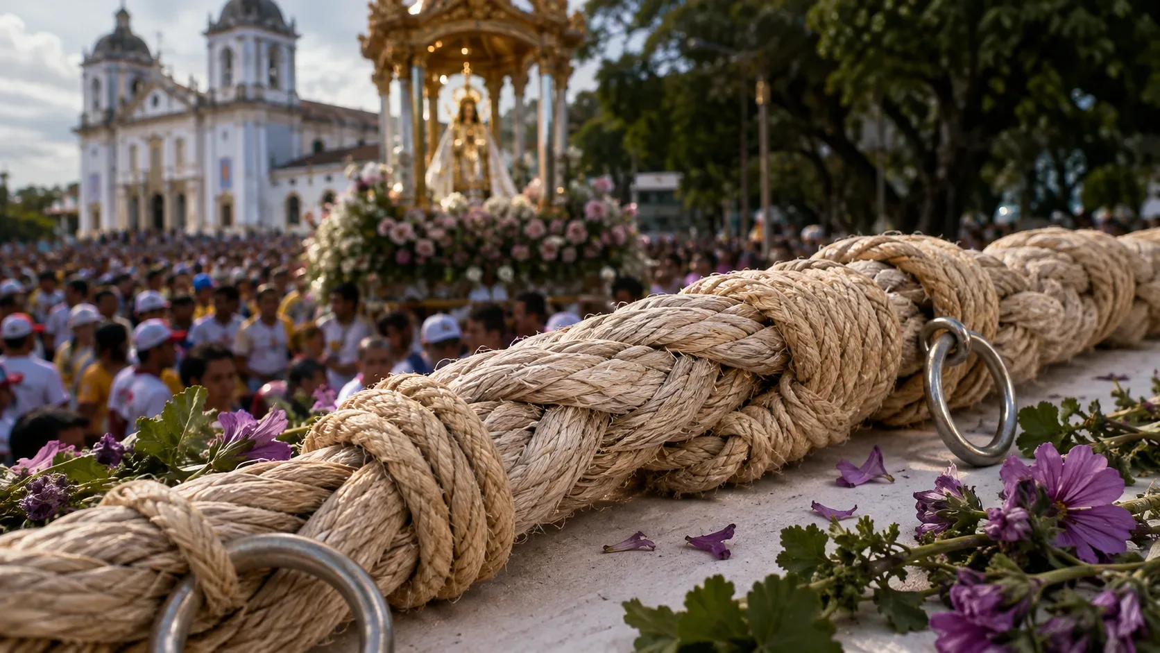 Corda trançada grossa com nós e argolas metálicas em primeiro plano, diante de procissão religiosa desfocada e igreja ao fundo.