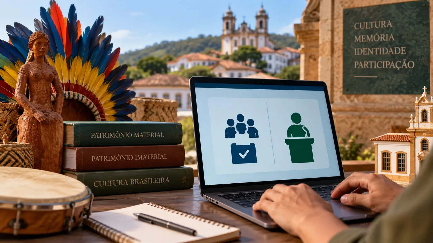 Notebook aberto em uma mesa com símbolos de votação e candidatura, cercado por elementos de patrimônio cultural material e imaterial brasileiro.