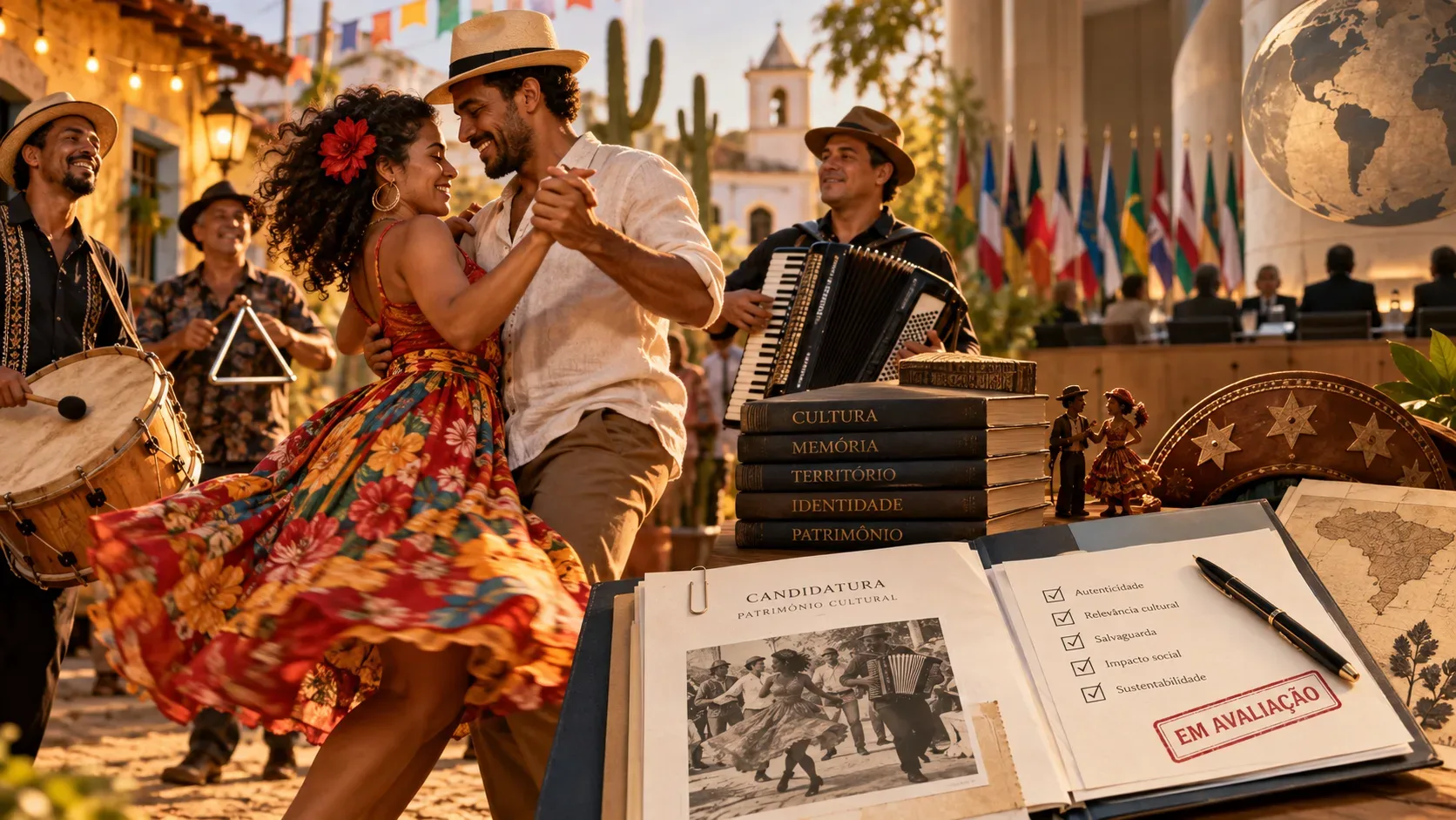 Casal dança forró ao lado de sanfoneiro, zabumba e triângulo, com dossiê de candidatura sobre uma mesa e ambiente institucional ao fundo.