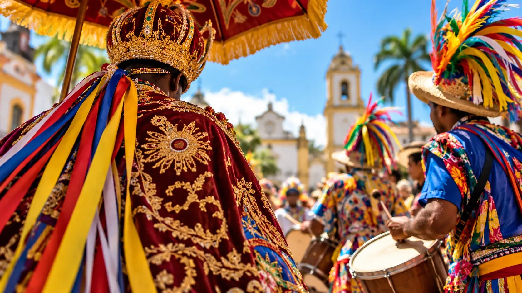 Cortejo de maracatu em rua histórica, com figura coroada sob sombrinha e músicos com tambores e trajes coloridos diante de igreja colonial.
