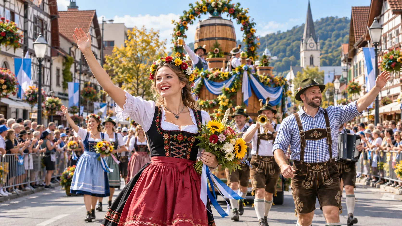 Participantes com trajes germânicos desfilam por uma rua festiva, com músicos, flores, público e carro alegórico ao fundo.