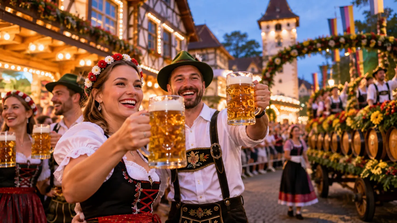 Casal em trajes típicos germânicos brinda com canecas de chope em uma rua festiva iluminada, com desfile e decoração floral ao fundo.