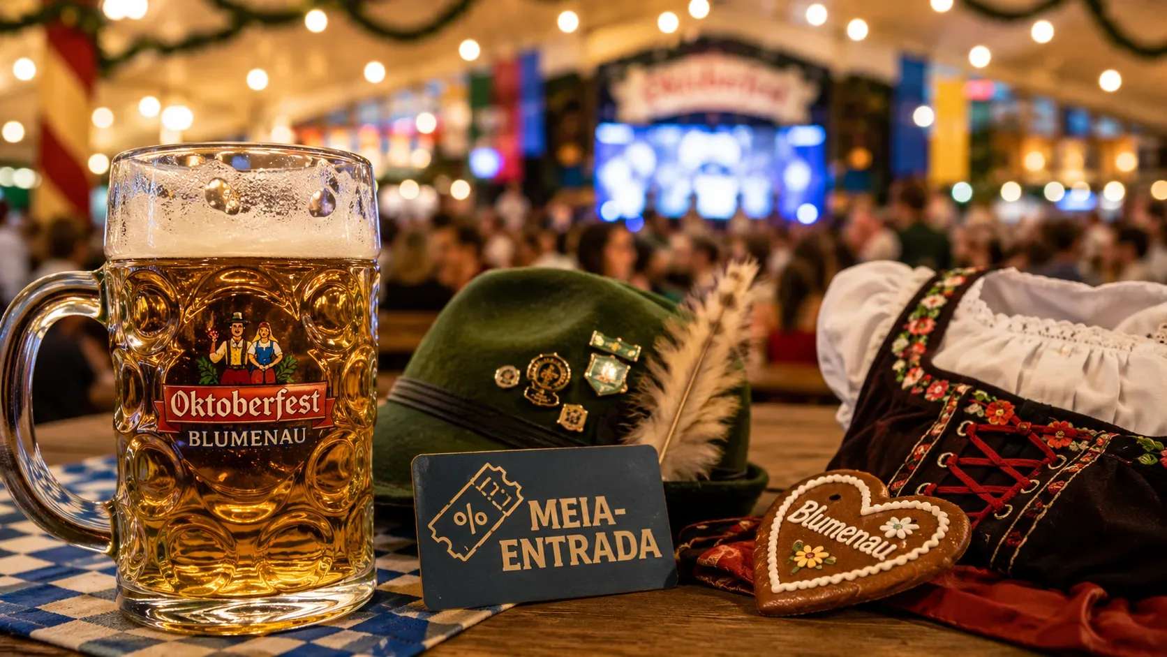 Caneca de cerveja, chapéu alpino, traje típico e cartão de meia-entrada sobre uma mesa em ambiente festivo da Oktoberfest.
