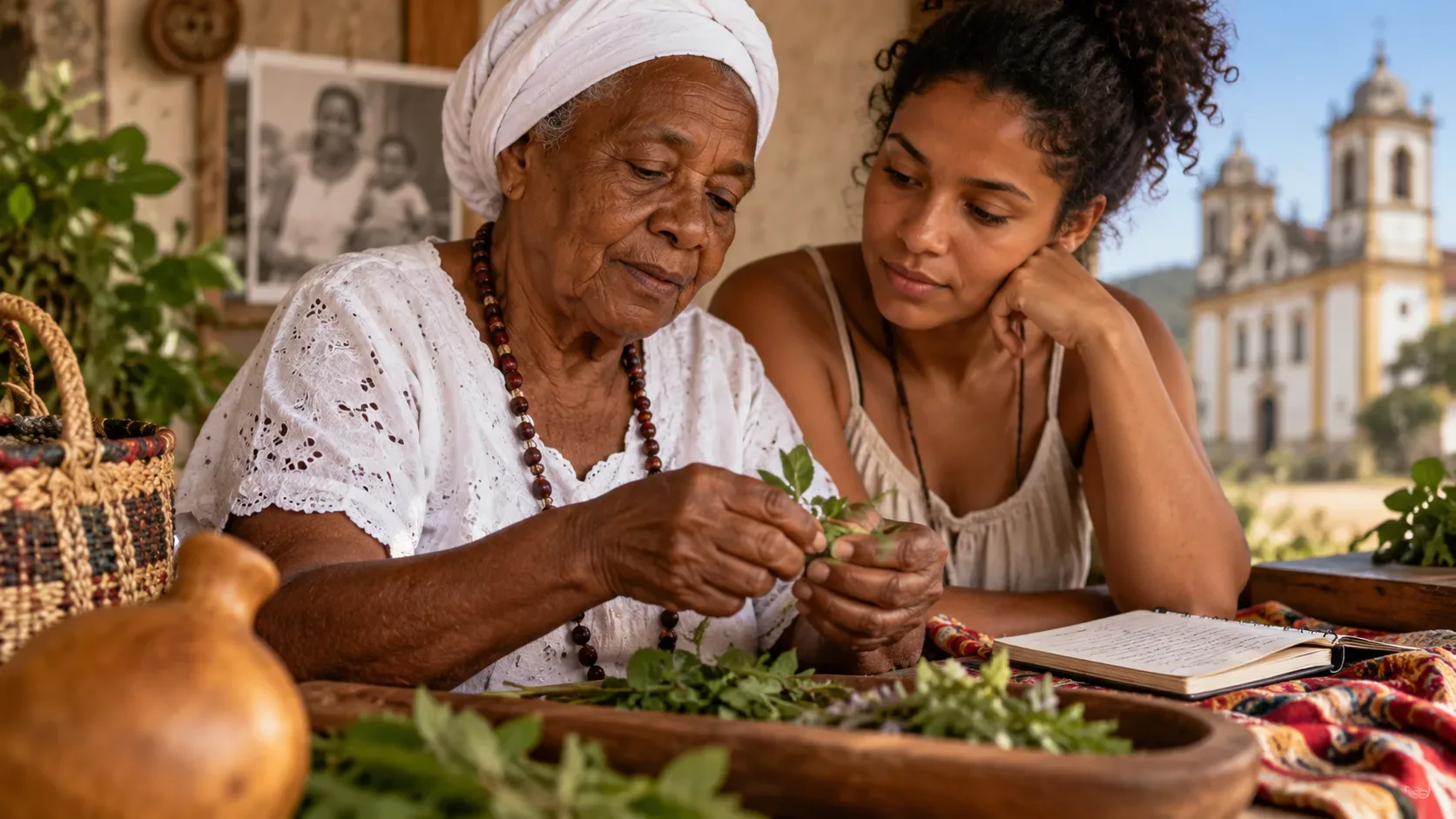 Mulher idosa de pele negra com lenço branco manuseia folhas ao lado de uma jovem, com caderno sobre a mesa e igreja histórica desfocada ao fundo.
