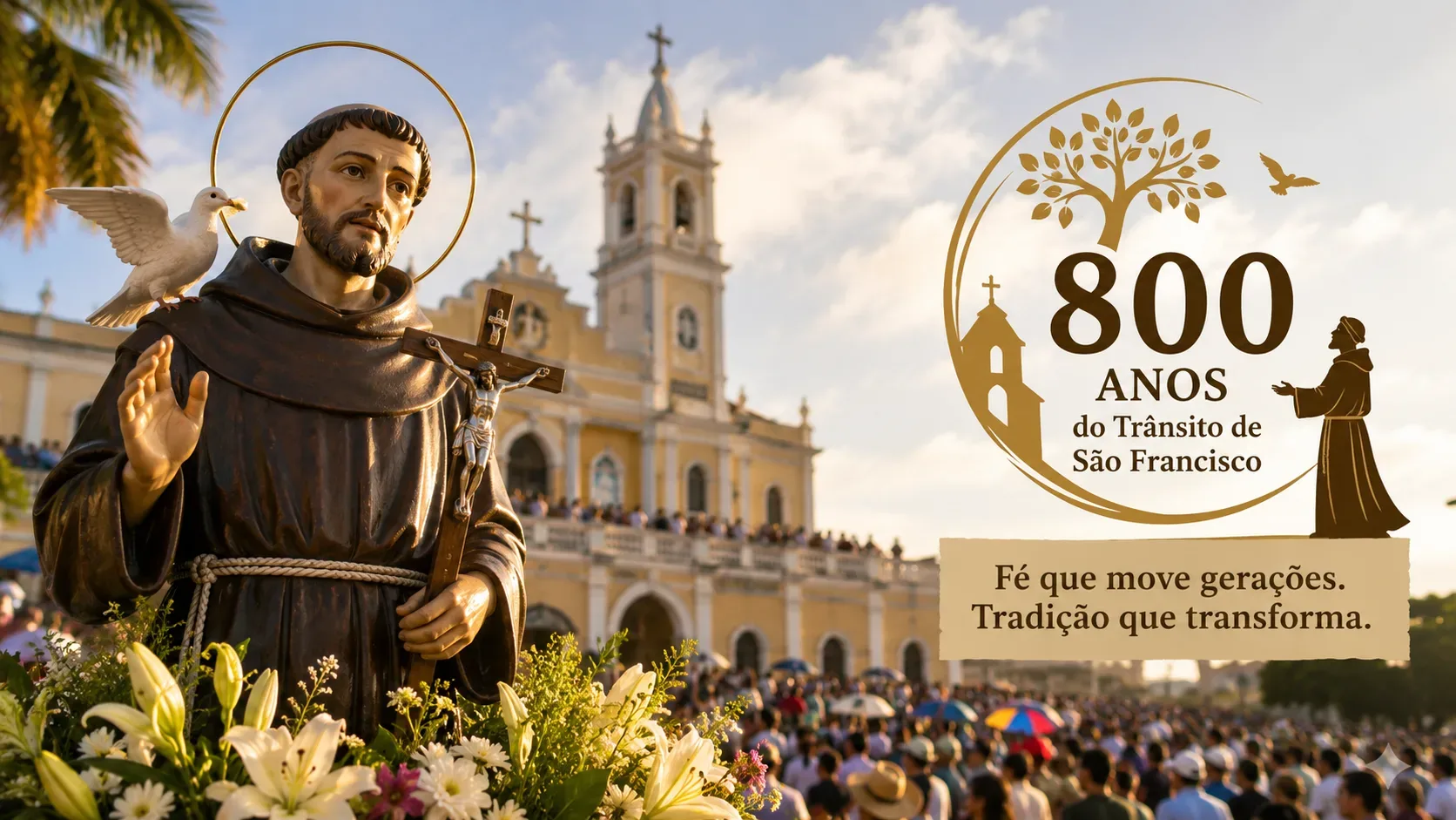 Estátua de São Francisco diante da Basílica de Canindé e de uma multidão de romeiros, ao lado de um emblema comemorativo dos 800 anos de seu Trânsito.