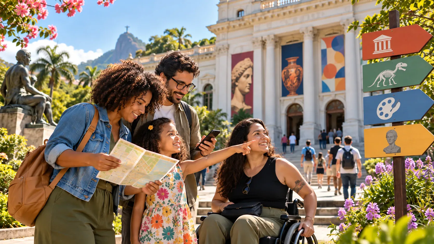 Grupo diverso consulta mapa e celular diante de um museu, com uma visitante em cadeira de rodas e placas com ícones culturais em um jardim florido.
