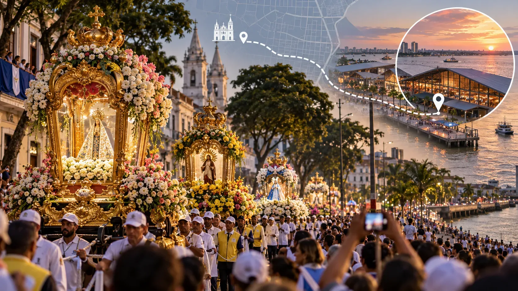 Carros ornamentados do Círio avançam entre fiéis em Belém, com traçado de rota sobreposto indicando a chegada a um complexo à beira-rio.