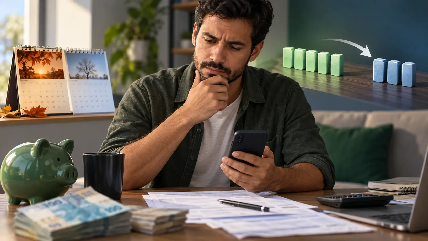 Homem analisa o celular diante de documentos financeiros, calendário, cofrinho e uma composição de cinco blocos se reduzindo a três.
