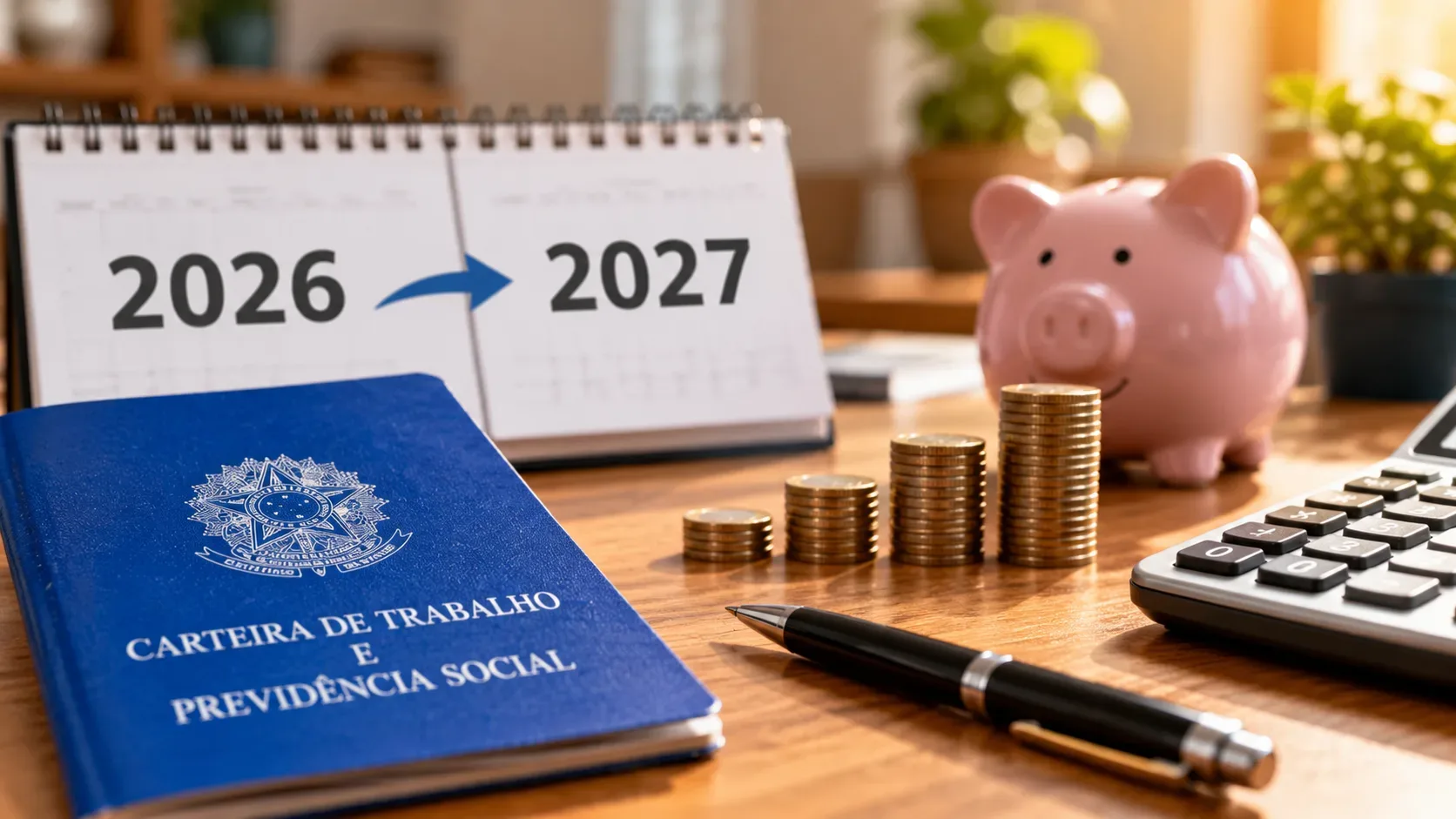 Carteira azul de trabalho e previdência sobre uma mesa, ao lado de calendário indicando a passagem de 2026 para 2027, moedas, cofrinho e calculadora.