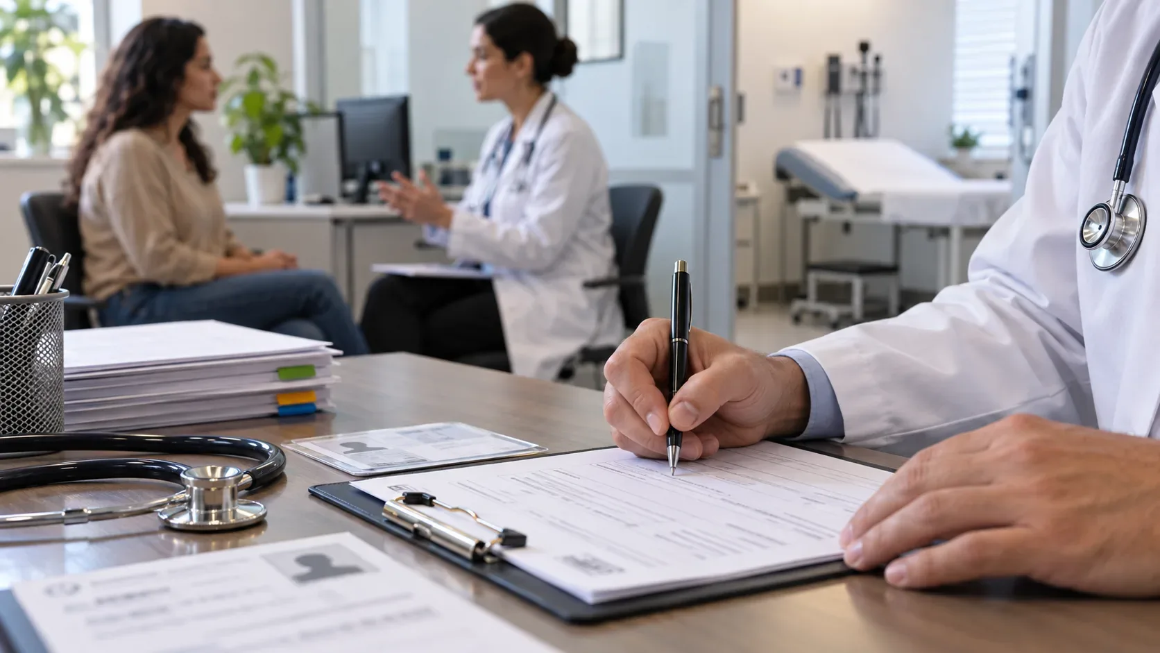 Médico preenche documentação em prancheta enquanto uma paciente conversa com outra profissional de saúde em um consultório.