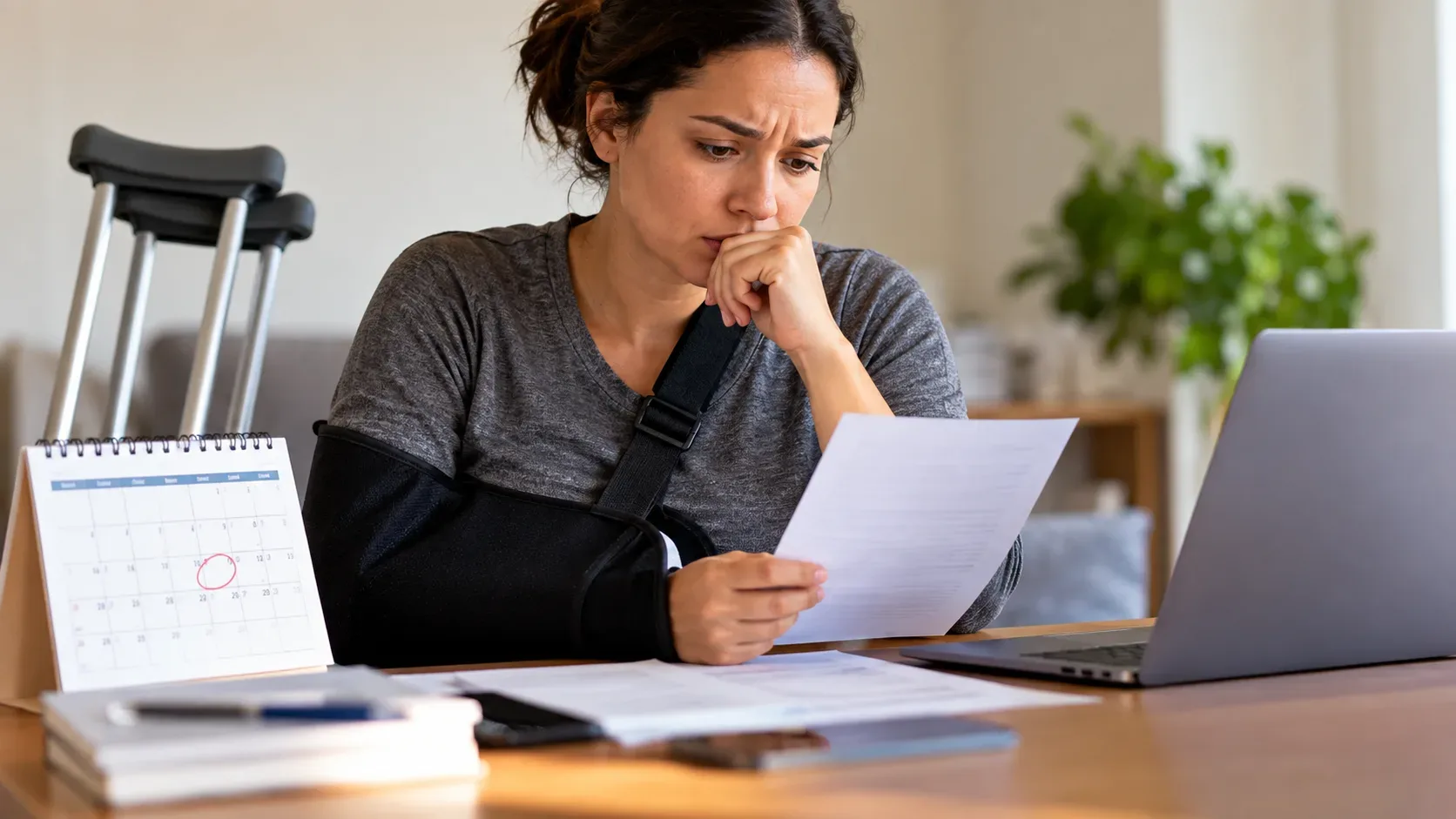 Mulher com o braço imobilizado analisa documentos diante de um notebook, com muletas e calendário sobre a mesa.