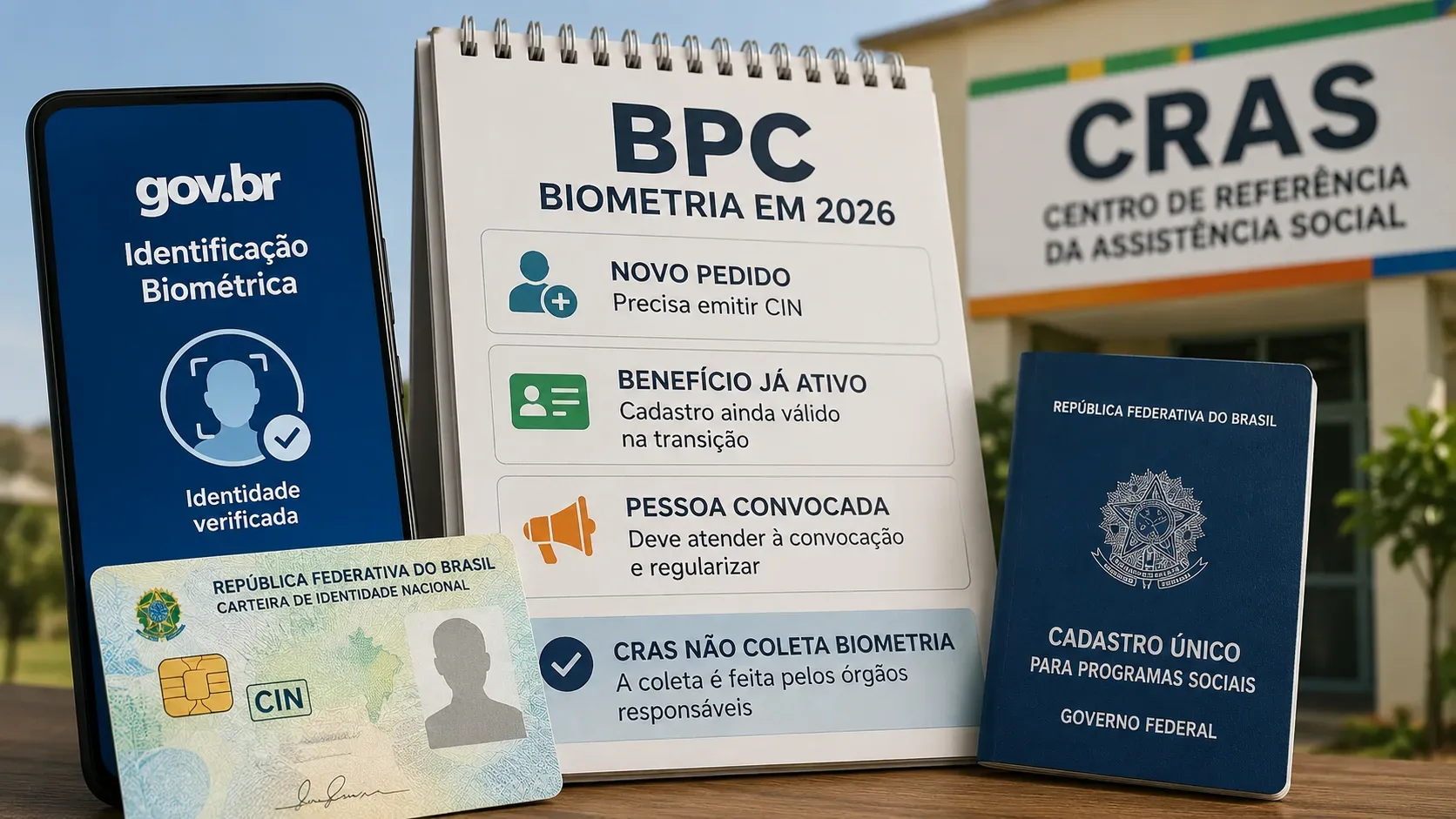 Celular com identificação biométrica ao lado de cartão CIN, caderno sobre BPC em 2026, Cadastro Único e unidade do CRAS ao fundo.