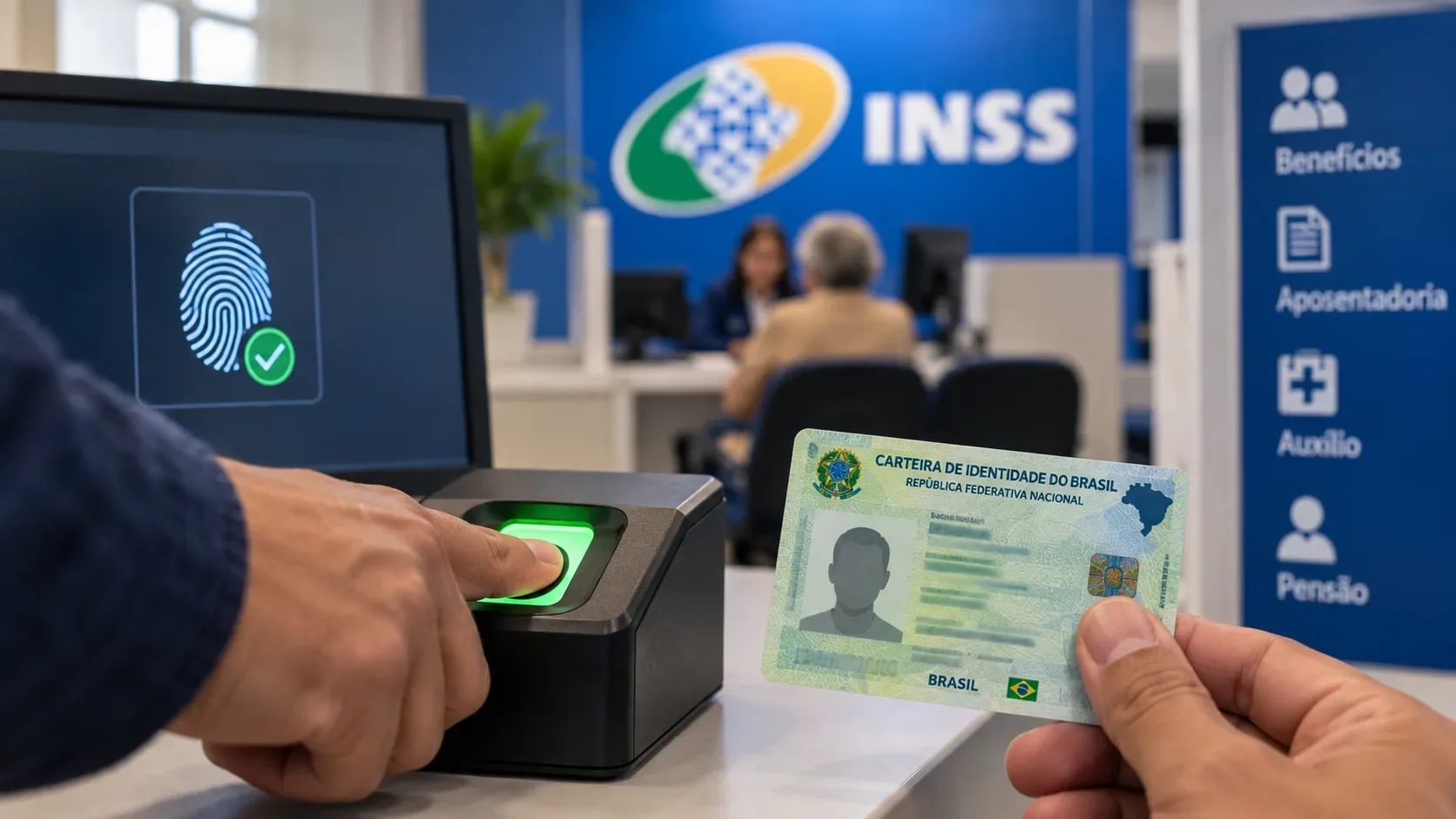 Mão pressiona leitor biométrico enquanto outra segura uma Carteira de Identidade Nacional em balcão de atendimento com referência visual ao INSS e ícone de impressão digital ao fundo.