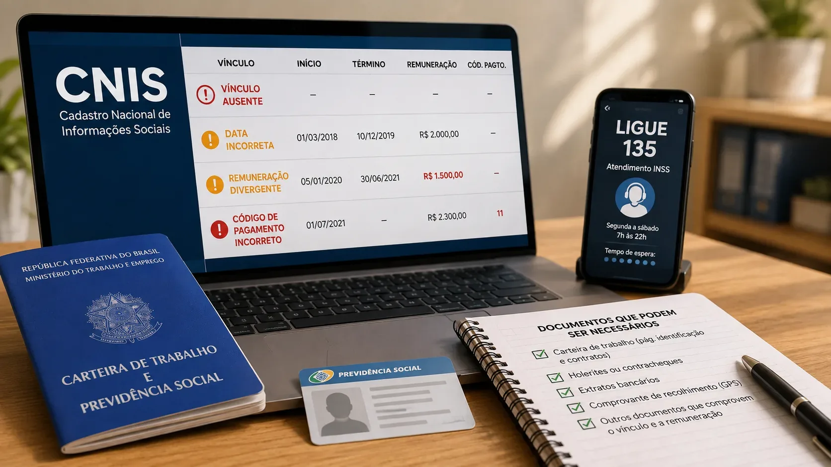 Mesa de atendimento com notebook exibindo inconsistências no CNIS, celular com referência à Central 135, carteira de trabalho e lista de documentos.