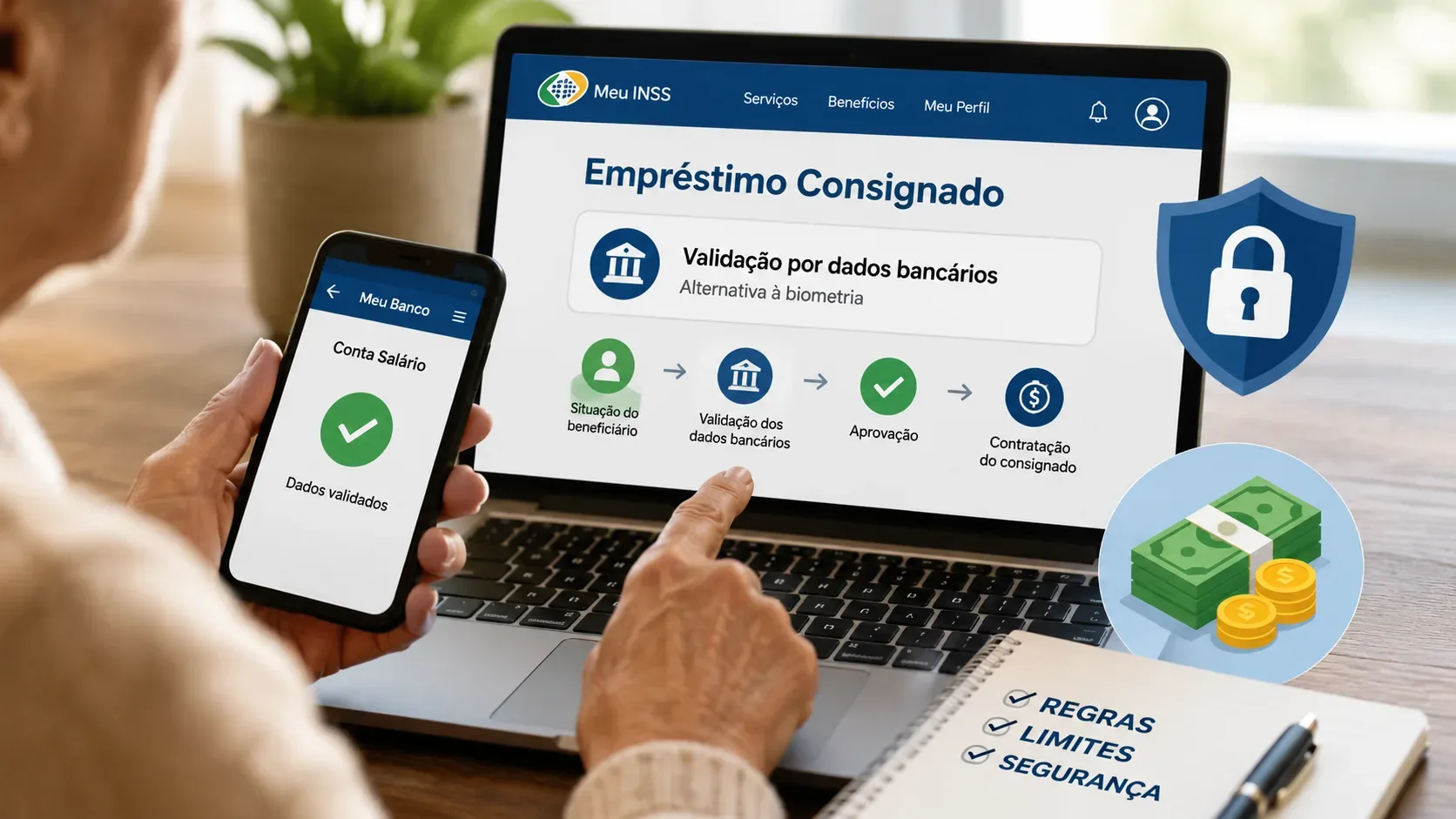 Pessoa idosa segura celular com confirmação de dados bancários enquanto um notebook exibe o Meu INSS e um fluxo de validação para empréstimo consignado, com símbolos de segurança e dinheiro.