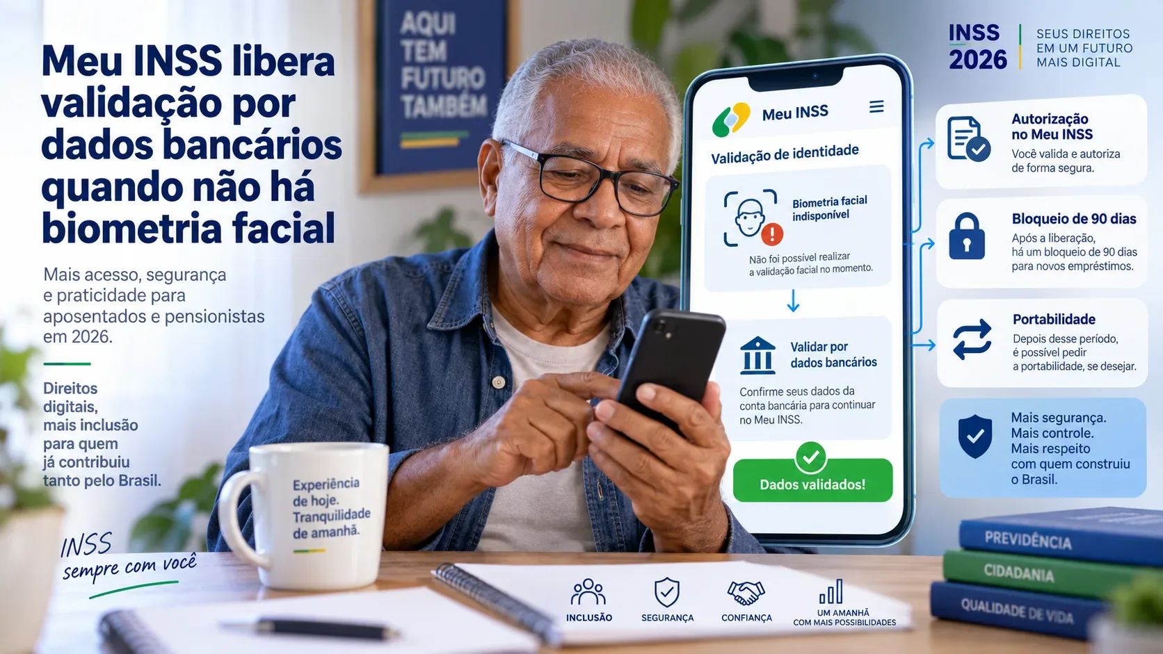 Homem idoso usando um celular ao lado de uma composição gráfica que simula o fluxo do Meu INSS entre biometria indisponível e validação por dados bancários.