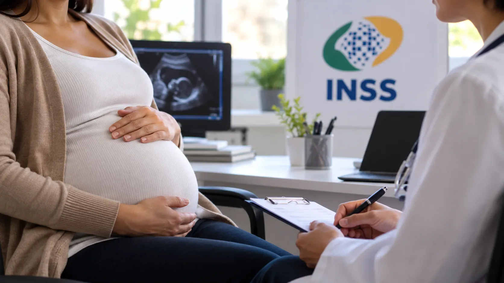 Gestante em consulta com profissional de saúde, ultrassom ao fundo e identificação visual do INSS na parede.