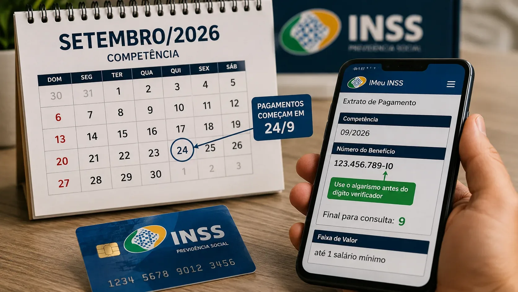 Calendário de setembro de 2026 ao lado de celular com tela do Meu INSS, destacando o início dos pagamentos em 24 de setembro e a leitura do número final do benefício.