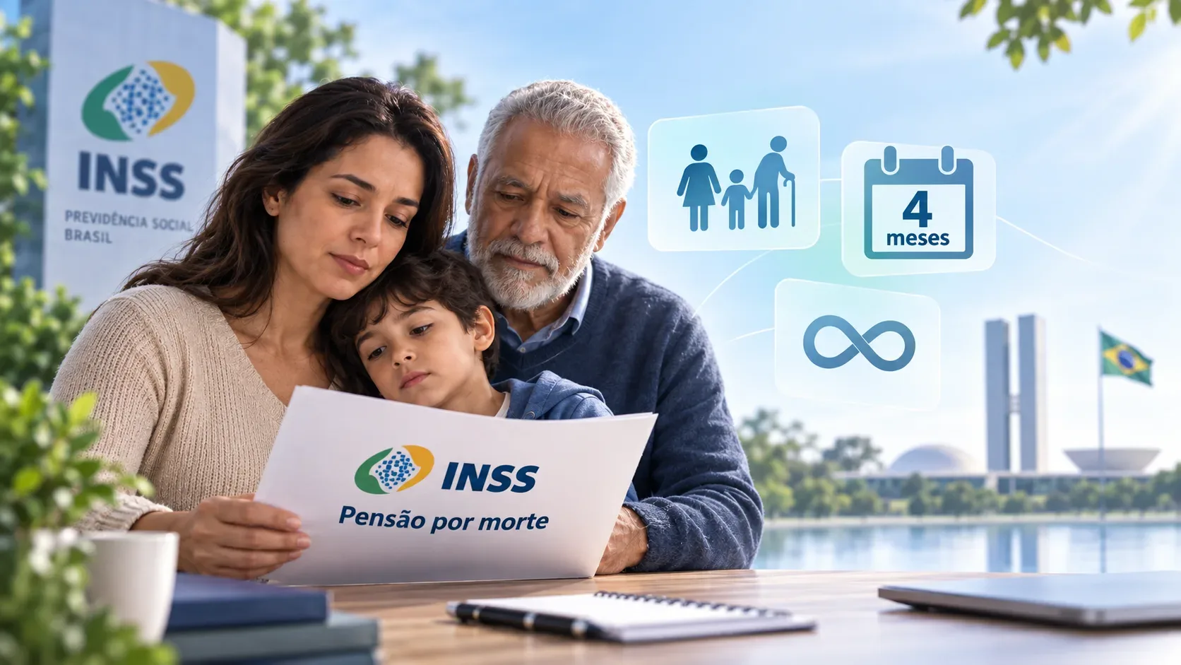 Família com mulher, criança e idoso lendo documento do INSS, ao lado de ícones de dependentes, calendário de 4 meses e símbolo de infinito, com Brasília ao fundo.