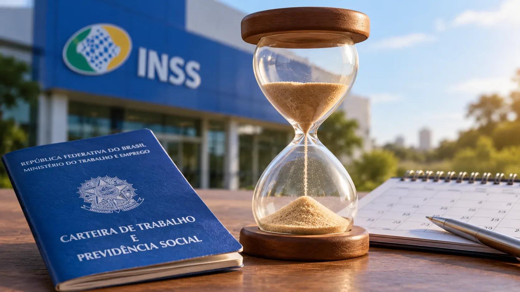 Ampulheta ao centro entre uma carteira de trabalho azul e um calendário, com fachada do INSS desfocada ao fundo.