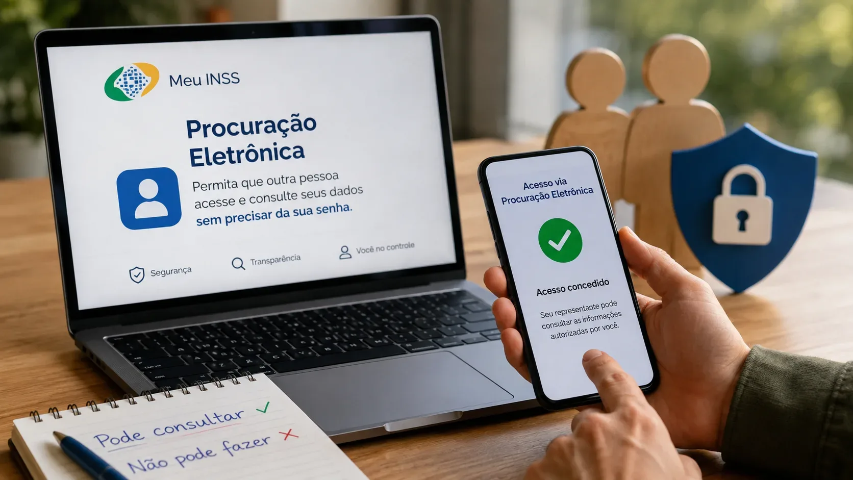 Notebook com tela sobre procuração eletrônica do Meu INSS ao lado de celular com confirmação de acesso, figuras de pessoas e escudo com cadeado sobre uma mesa.