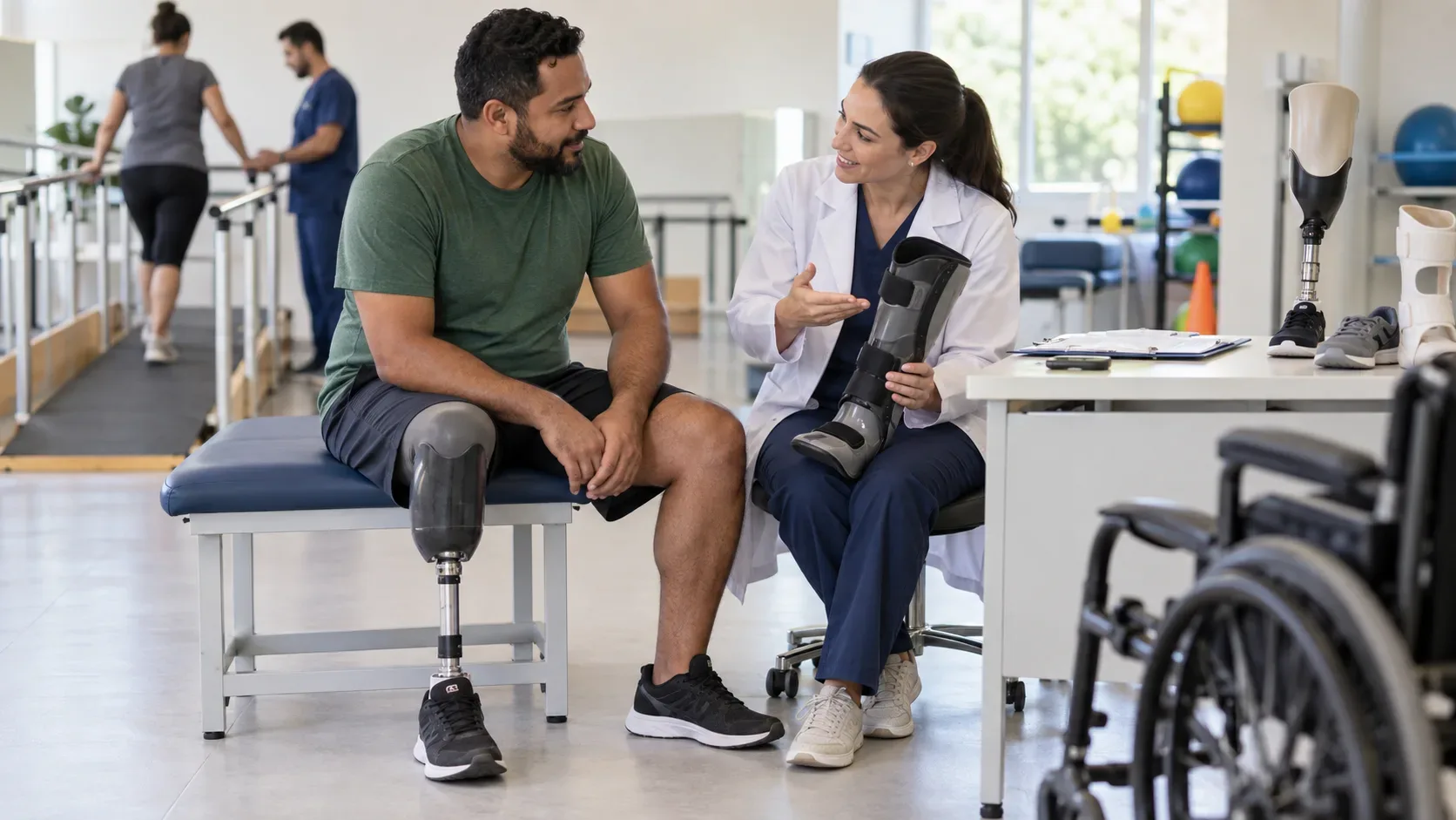 Homem com prótese de perna conversa com profissional de reabilitação que segura uma órtese em clínica com equipamentos de mobilidade.